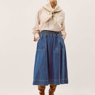 Monsoon Shirred Denim Midi Skirt Blue