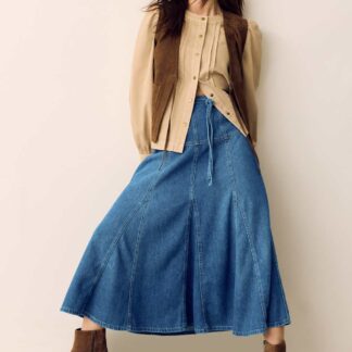 Per Una Denim Tie Waist Midi Skirt Indigo Mix