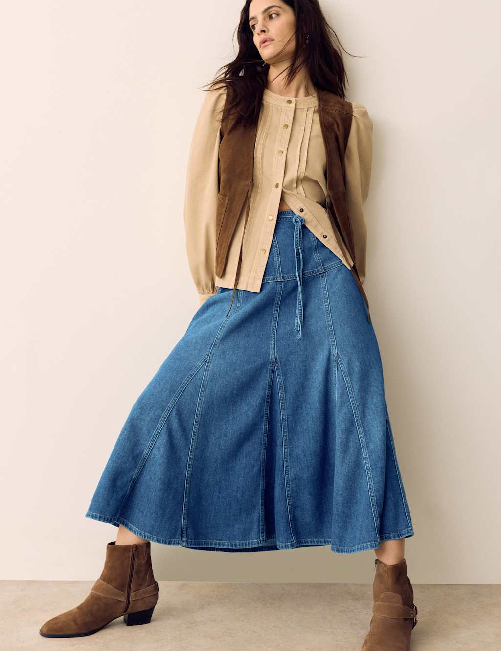 Per Una Denim Tie Waist Midi Skirt Indigo Mix