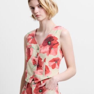 Poppy Dallas Printed Denim Waistcoat Red Multi