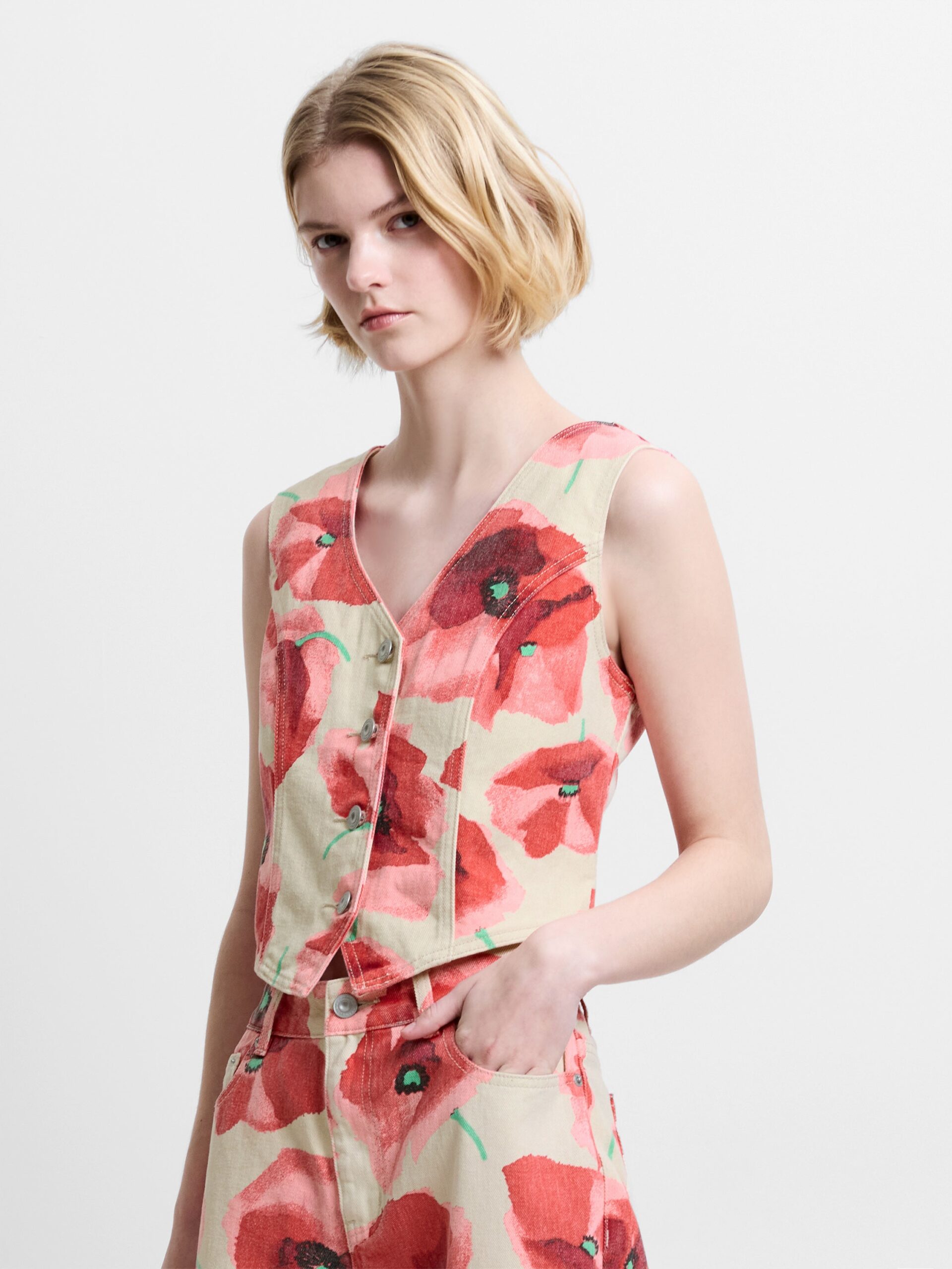 Poppy Dallas Printed Denim Waistcoat Red Multi
