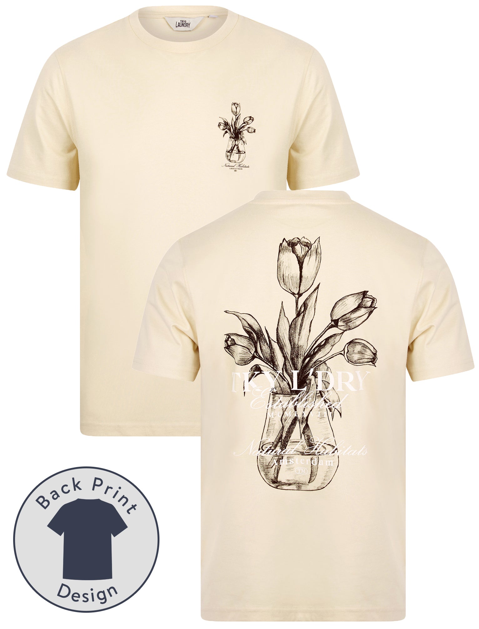 T-Shirts Tassos Vintage Retro Reverse Graphic Print Cotton Jersey T-Shirt in Summer Sand / M - Tokyo Laundry