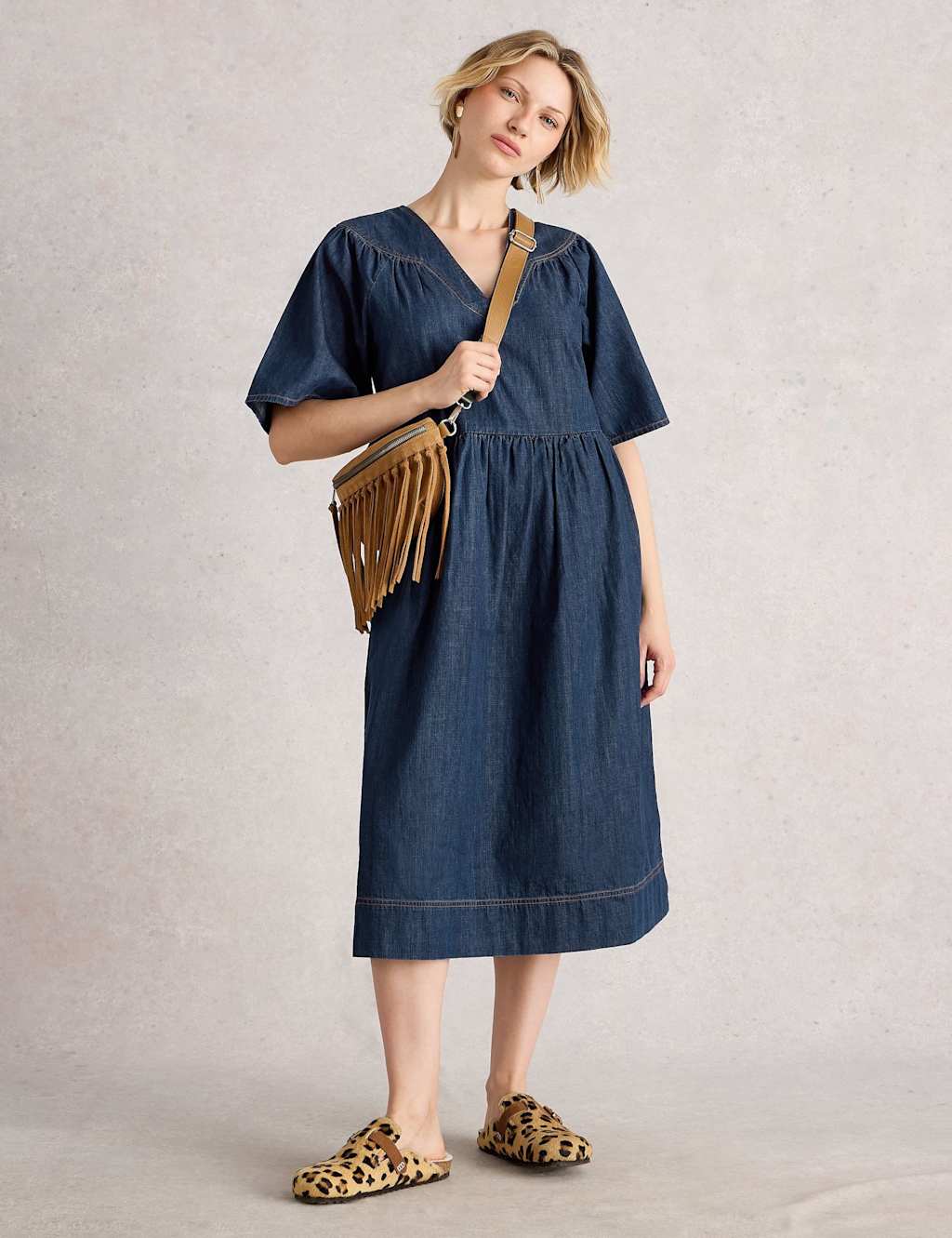 White Stuff Denim Midi Waisted Dress Dark Blue Denim