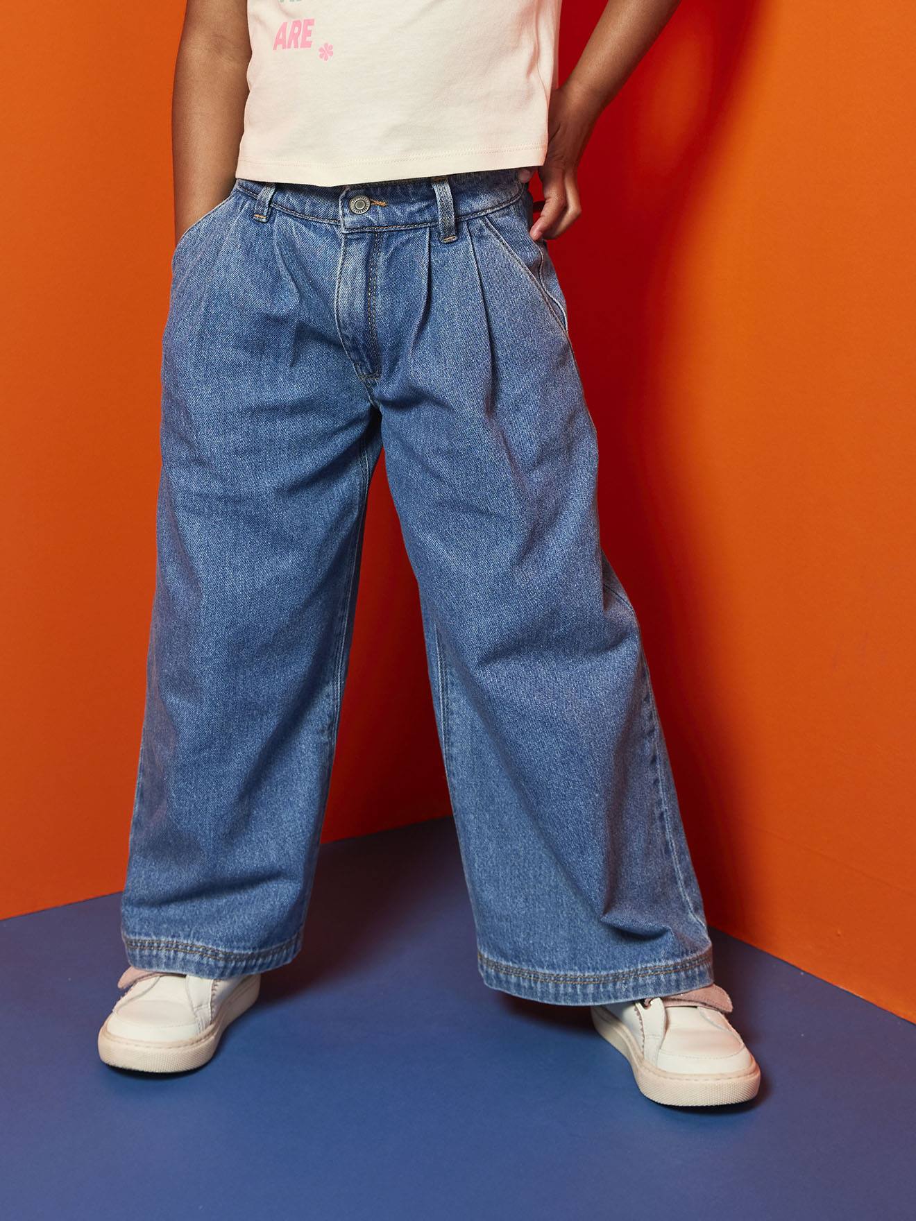 Wide-Leg Jeans with Pleats for Girls medium blue