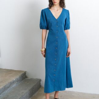 Zaves Chambray Denim Puff Sleeve Midi Dress Medium Bleach Wash Blue