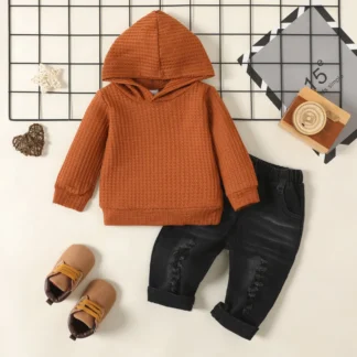 2-piece Baby Boy/Girl Waffle Hoodie Sweatshirt and 100% Cotton Ripped Denim Jeans Set