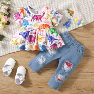 2pcs Baby Girl 95% Cotton Ripped Denim Jeans and Allover Dinosaur Print Ruffle Short-sleeve Top Set