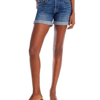 7 For All Mankind Cotton Blend Mid Rise Rolled Cuff Shorts in Broken Twill