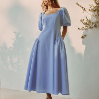 Albaray Pure Cotton Seersucker Puff Sleeve Midi Dress Dark Blue Denim