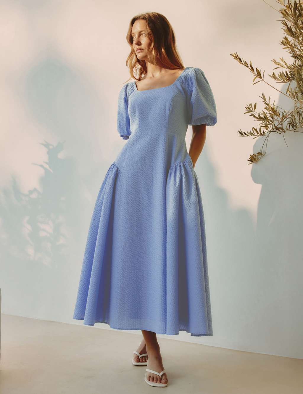 Albaray Pure Cotton Seersucker Puff Sleeve Midi Dress Dark Blue Denim