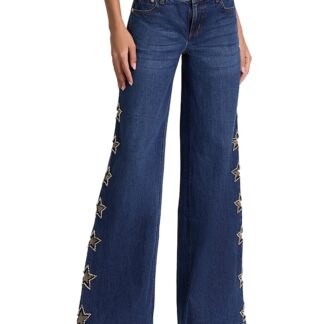 Alice and Olivia Amazing Low Rise Embellished Wide Leg Jeans in Dark Rinse