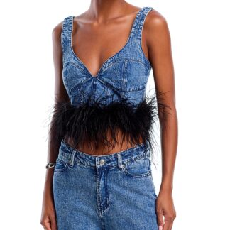 Aqua Feather Trim Denim Crop Top - Exclusive