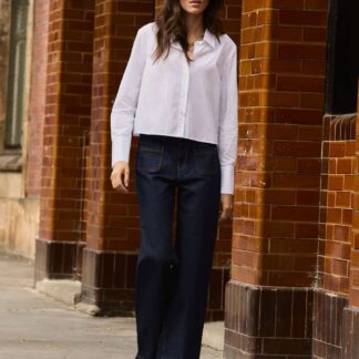 BAUKJEN Cotton Rich High Waisted Wide Leg Jeans Dark Blue Denim