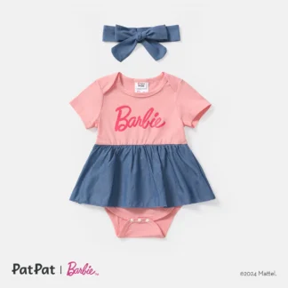 Barbie Mommy and Me Short-sleeve Letter Print Tee and Imitation Denim Skirt Sets