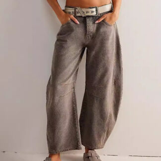Barrel Leg Jeans For Women - Horseshoe Cut Baggy Wide Leg Denim Trousers With Seam Detail - Spring Casual Streetwear 2026