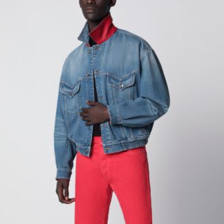 Blue cotton denim jacket with red leather details