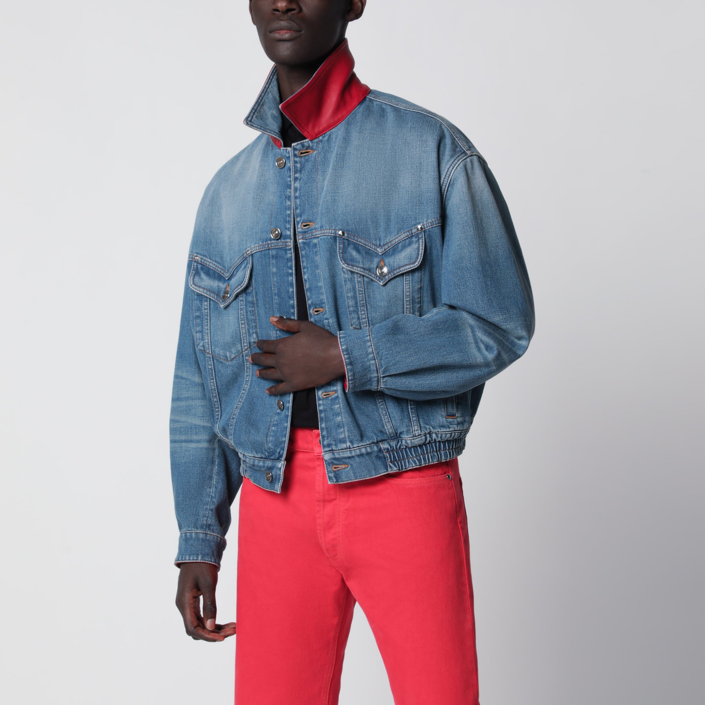 Blue cotton denim jacket with red leather details