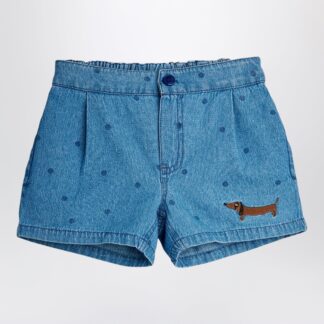 Blue denim shorts with polka dots