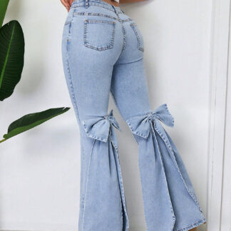 Bow Knot Flare Jeans For Women - Blue Trendy Wide Leg Denim Bottoms - Spring Streetwear 2026