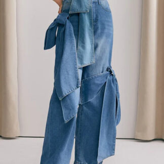 Bow Knot Wide Leg Jeans For Women - Medium Blue Y2K Aesthetic High Waist Baggy Denim Trousers - Spring Streetwear 2026