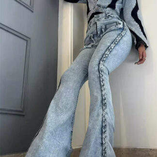 Braided Detail Patch Pocket Flare Jeans For Women - Light Blue Retro Boho High Waisted Bell Bottoms - Spring Vacation 2026