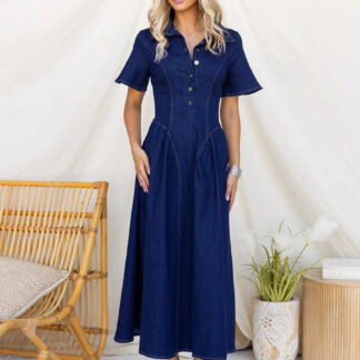 Button Front Denim Long Dress For Women - Dark Blue Boho A-Line Fit And Flare Short Sleeve Jean Dress - Summer Daily Casual 2026
