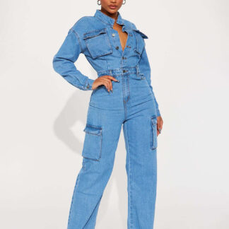 Cargo Denim Jumpsuit For Women - Light Blue Utility Style Accordion Pocket Wide Leg Jean Romper - Spring Streetwear 2026