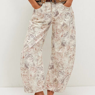 Cat Print Barrel Jeans For Women - Neutral Beige Retro Horseshoe Wide Leg Denim Trousers - Spring Casual Streetwear 2026