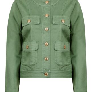 Coats / Jackets Morlich Women's Stretch Cotton Collarless Denim Jacket in Sage Green - Amara Reya / 10 - Tokyo Laundry