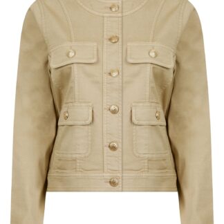 Coats / Jackets Morlich Women's Stretch Cotton Collarless Denim Jacket in Taupe - Amara Reya / 10 - Tokyo Laundry