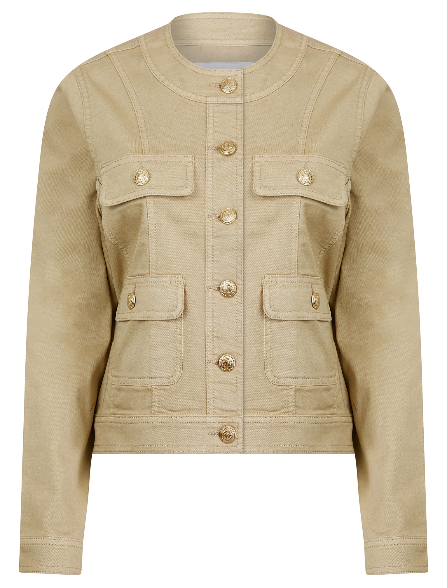 Coats / Jackets Morlich Women's Stretch Cotton Collarless Denim Jacket in Taupe - Amara Reya / 10 - Tokyo Laundry