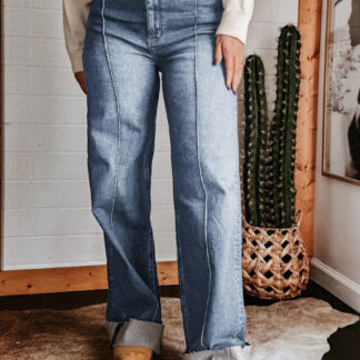 Cuffed Wide Leg Jeans For Women - Blue Western Boho Seam Front High Waist Straight Denim - Spring Casual Cowgirl Streetwear 2026