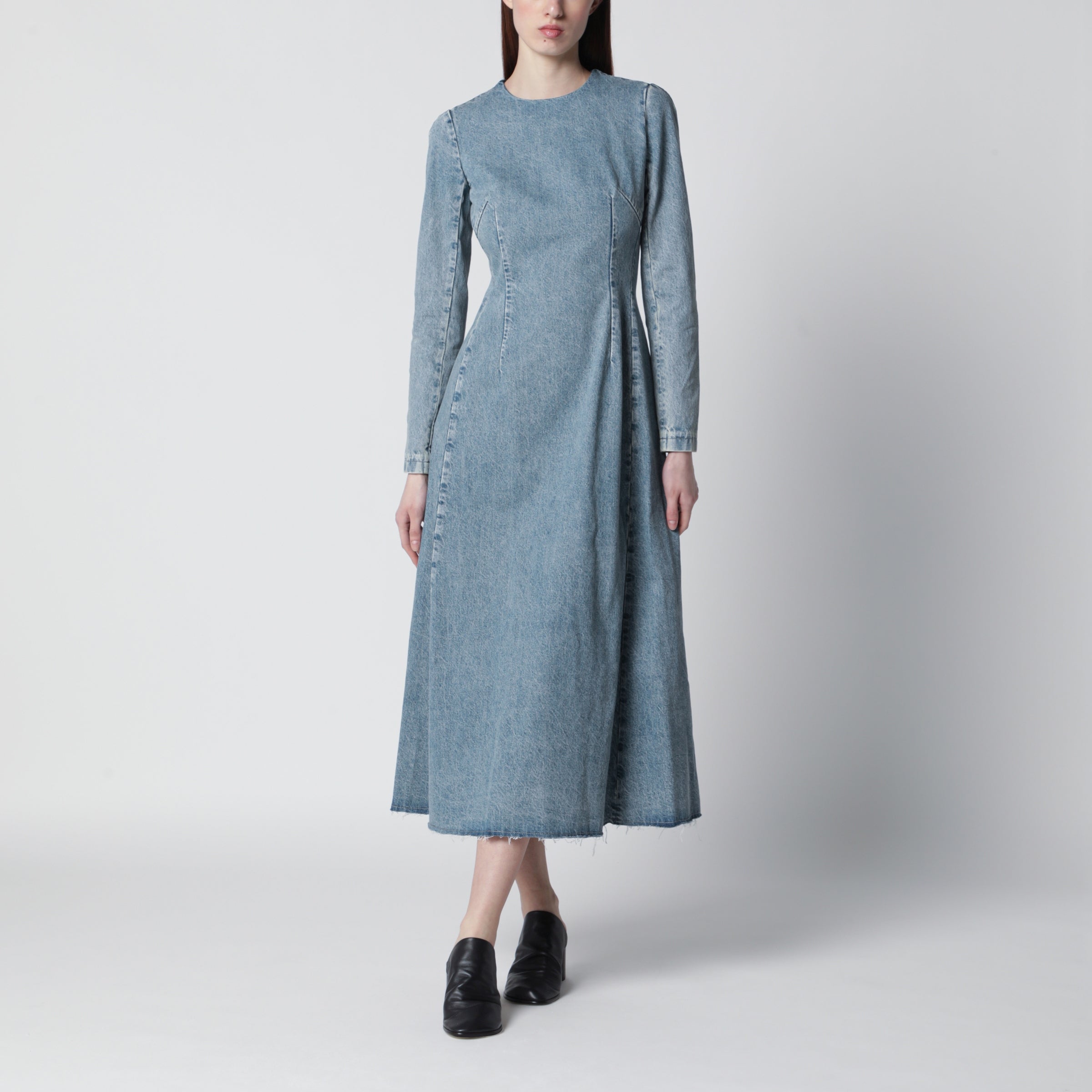 Cup-shoulder denim midi dress in ice blue