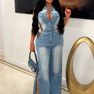 Cut Out Denim Jumpsuit For Women - Light Blue Sexy Side Slit Wide Leg One Piece Romper - Summer Night Clubwear 2026