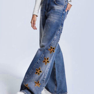 Cutout Flower Wide Leg Jeans For Women - Medium Wash Vintage Distressed Y2K Pants - Spring Festival Streetwear 2026