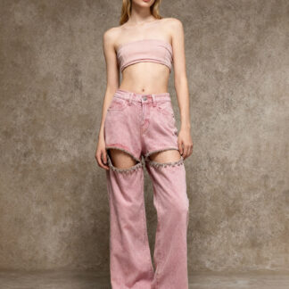 Cutout Rhinestone Pink Jeans For Women - High Waist Wide Leg Y2K Denim Pants - Summer Night Out Streetwear 2026