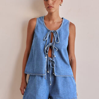 Denim 2 Piece Set For Women - Blue Casual Tie Front Sleeveless Top And Shorts Co-ord - Summer Streetwear Outfits 2026