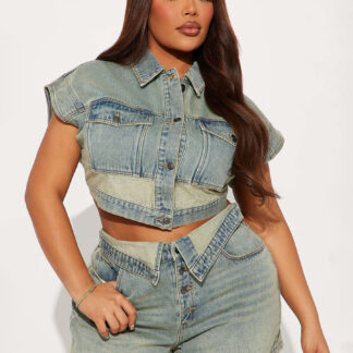 Denim 2 Piece Set For Women - Wash Blue Y2K Crop Top And Foldover Waist Shorts - Summer Streetwear 2026