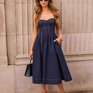 Denim Midi Sun Dress For Women - Dark Blue Sexy Corset Top Pleated A-Line Slip Dress - Summer Casual Picnic 2026