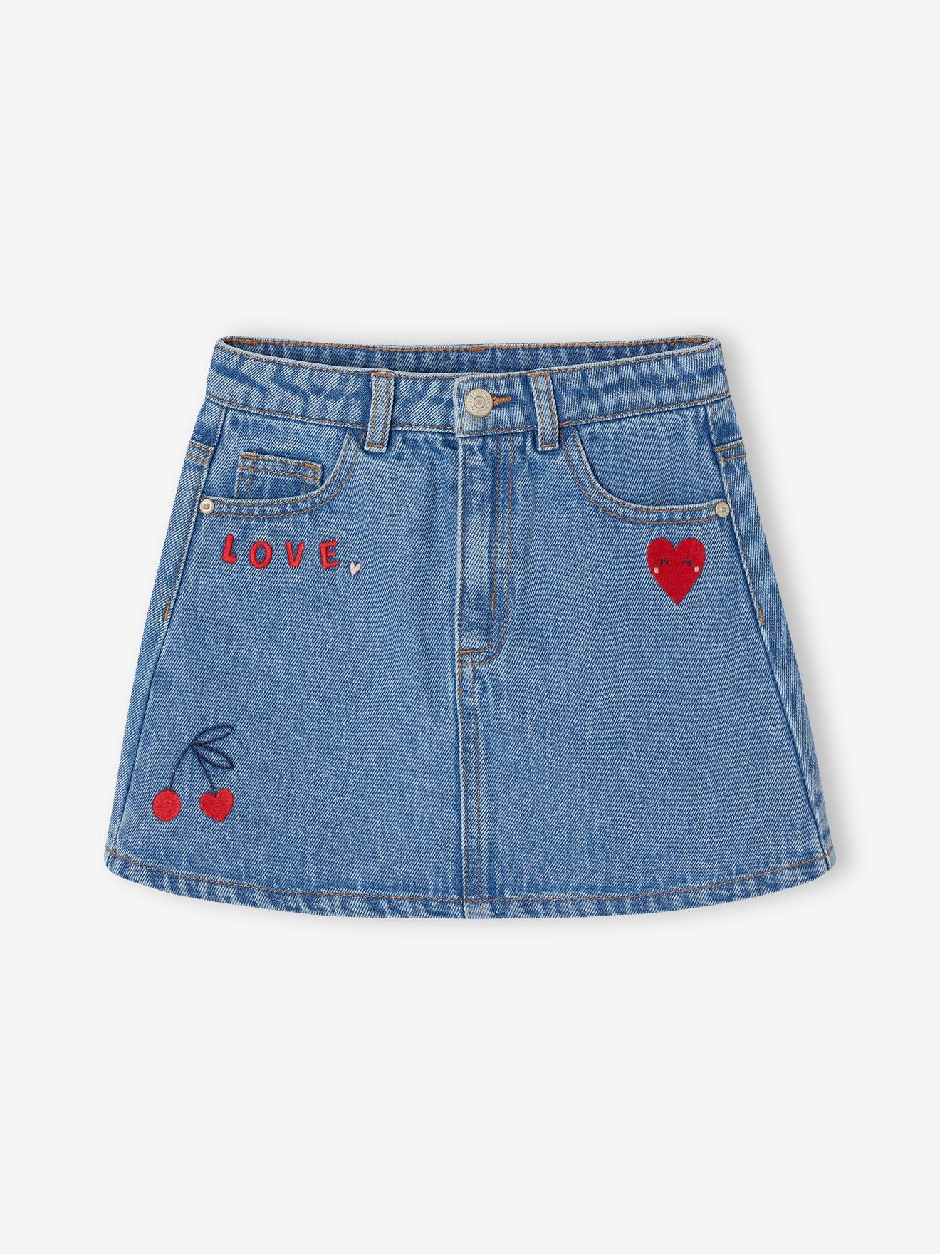Denim Skirt with Broderie Anglaise for Girls medium blue