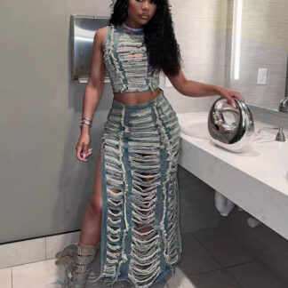 Distressed Denim 2 Piece Set For Women - Vintage Washed Ripped Maxi Slit Skirt And Crop Top - Summer Festival Party Wear 2026