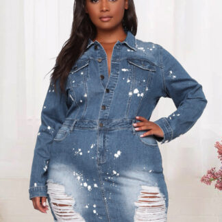 Distressed Denim Mini Dress For Women - Medium Blue Paint Splatter Bodycon Ripped Hem Jean Dress - Spring Night Out 2026