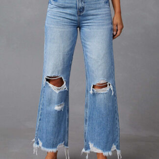 Distressed Wide Leg Jeans For Women - Light Blue High Waist Raw Hem Relaxed Fit Denim Pants - Spring Casual Streetwear 2026
