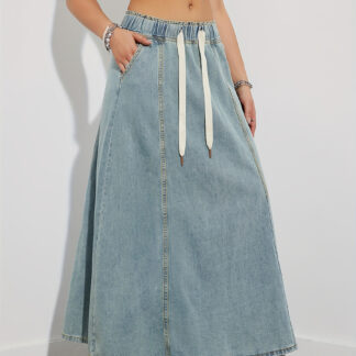 Drawstring Waist Denim Maxi Skirt For Women - Casual A-Line Flare Long Skirt With Pockets - Spring Holiday 2026