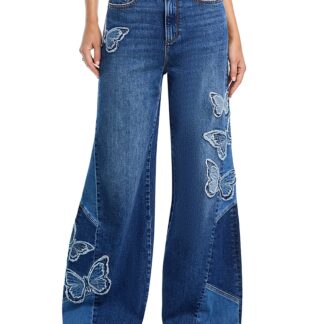 Driftwood Butterfly Patchwork Wide Leg Jeans in Medium Wash