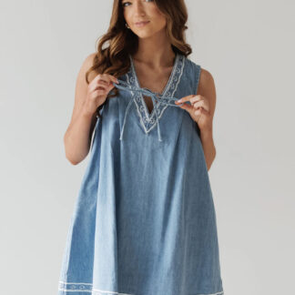 Embroidered Denim Mini Dress For Women - Casual V Neck Tie Front Loose Babydoll Sun Dress With Pockets - Summer Beach Vacation 2026