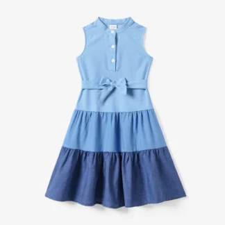Family Matching Colorblock Shirt and Tiered A-line Pleated Dress Sets