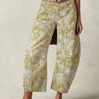 Floral Barrel Jeans For Women -Yellow Retro Horseshoe Baggy Denim Trousers - Spring Casual Streetwear 2026