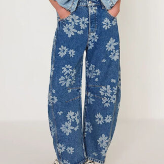 Floral Barrel Leg Jeans For Women - Boho Horseshoe Cut Wide Leg Denim Pants - Spring Music Festival 2026