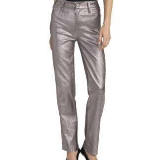 Frame Le Sleek Straight High Rise Shimmer Leather Jeans in Broken Mirror